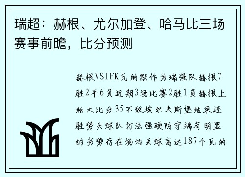 瑞超：赫根、尤尔加登、哈马比三场赛事前瞻，比分预测