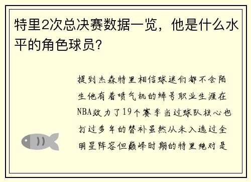 特里2次总决赛数据一览，他是什么水平的角色球员？