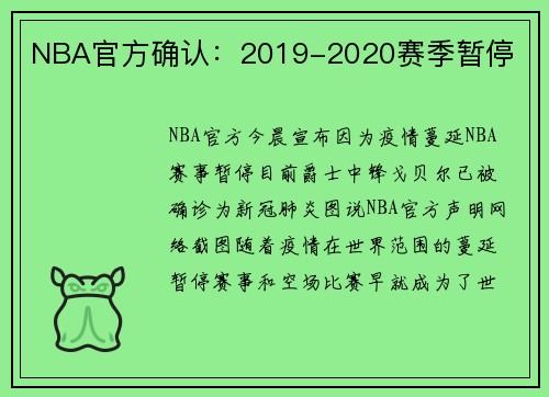 NBA官方确认：2019-2020赛季暂停