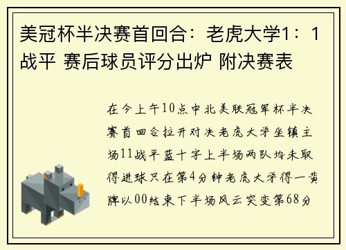 美冠杯半决赛首回合：老虎大学1：1战平 赛后球员评分出炉 附决赛表