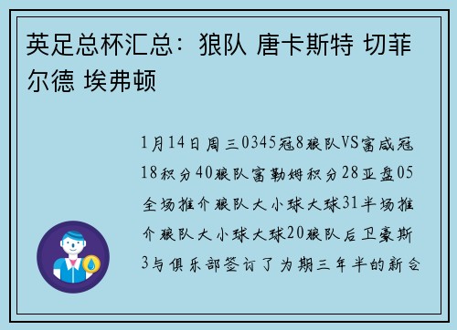 英足总杯汇总：狼队 唐卡斯特 切菲尔德 埃弗顿